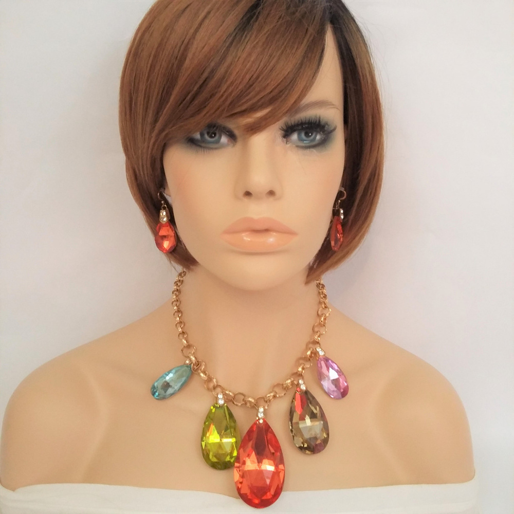 NEW Chunky Multi Rainbow Color Gold Gemstone Drop Pendant Statement Necklace Set
